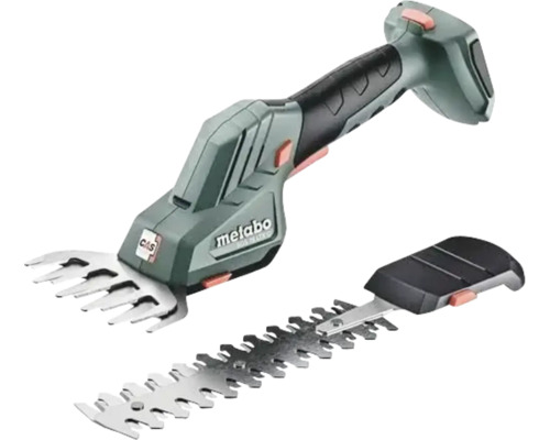 Akku-Gras- und Strauchschere Metabo SGS 18 LTX Q mit zwei auswechselbaren Aufsätzen.