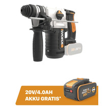 Worx Akku-Bohrhammer mit Tiefenanschlag und Zusatzgriff sowie ein zusätzlicher kostenloser 20 Volt 4.0 Amperestunden Akku.