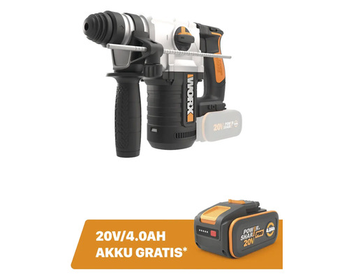 Worx Akku-Bohrhammer mit Tiefenanschlag und Zusatzgriff sowie ein zusätzlicher kostenloser 20 Volt 4.0 Amperestunden Akku.