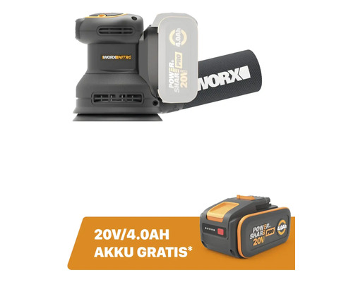 Ponceuse excentrique sans fil Worx Nitro avec batterie Power Share Pro 20 Volt 4,0 Ampère-heure et sac à poussière plus une batterie gratuite.