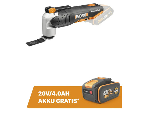 WORX Akku-Multitool Sonicrafter 20V mit Sägeblatt und zusätzlichem gratis 20V 4,0Ah Power Share Pro Akku.