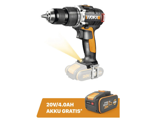 Perceuse-visseuse à percussion sans fil Worx 20 Volt avec lampe de travail à LED et batterie 4,0 Ampères-heures gratuite.