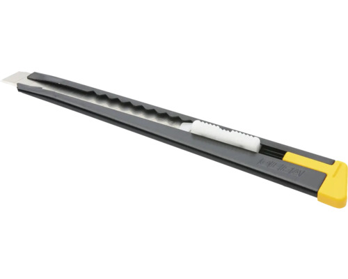 Schwarzes Cuttermesser mit Abbrechklinge und gelbem Abschluss aus Kunststoff und Metall.