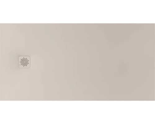 Receveur de douche rectangulaire couleur sable avec surface mate et bonde carrée à motif étoilé.