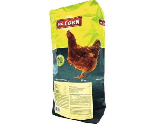 Farine de ponte MR. CORN pour poules, sac de 25 kilogrammes avec illustration d'une poule, fabriqué en Allemagne, sans génie génétique.