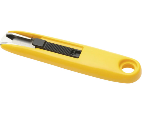 Couteau de sécurité jaune en plastique avec curseur noir et trou de suspension.