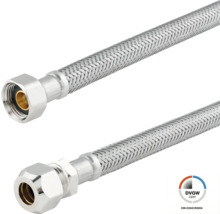 Flexible de raccordement en acier inoxydable avec certification DVGW pour installations sanitaires.