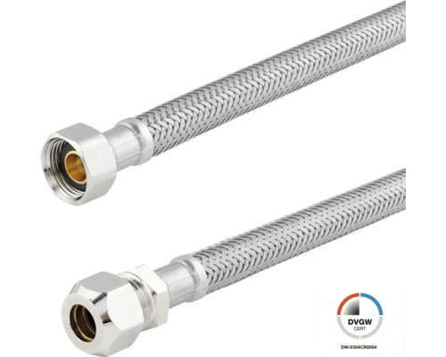 Flexible de raccordement en acier inoxydable avec certification DVGW pour installations sanitaires.