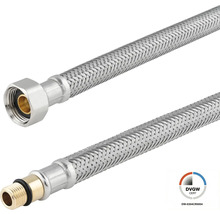 Flexible de raccordement tressé en acier inoxydable avec un écrou-raccord et un filetage mâle en laiton. Certifié DVGW.
