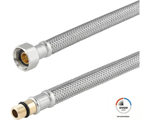 Flexible de raccordement tressé en acier inoxydable avec un écrou-raccord et un filetage mâle en laiton. Certifié DVGW.