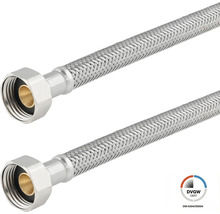 Deux tuyaux flexibles armés en acier inoxydable tressé avec écrou-raccord, certifiés DVGW.