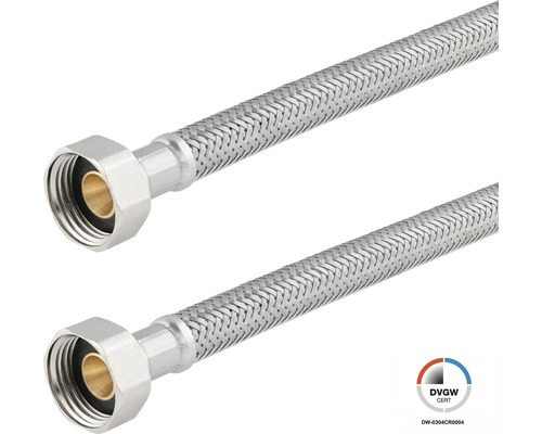Deux tuyaux flexibles armés en acier inoxydable tressé avec écrou-raccord, certifiés DVGW.