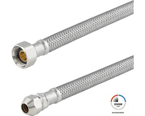 Tuyau sanitaire flexible avec tresse en acier inoxydable, raccord vissé et certification DVGW.