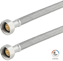 Deux flexibles armés en acier inoxydable avec écrou-raccord et certification DVGW pour le domaine sanitaire.