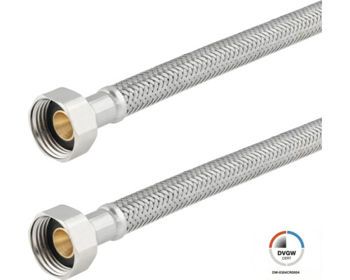 Deux flexibles armés en acier inoxydable avec écrou-raccord et certification DVGW pour le domaine sanitaire.