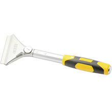 Grattoir Olfa avec tête en métal argenté et poignée ergonomique jaune et noire pour travaux de nettoyage.