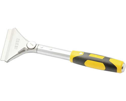 Olfa Schaber mit silberfarbenem Metallkopf und gelb-schwarzem ergonomischem Griff für Reinigungsarbeiten.