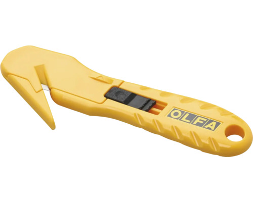 Olfa Sicherheitsmesser mit verdeckter Klinge und gelbem Kunststoffgriff.