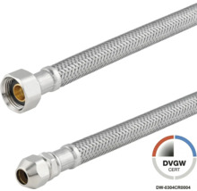 Tuyau de raccordement flexible en tresse d'acier inoxydable avec certification DVGW pour installations d'eau potable.