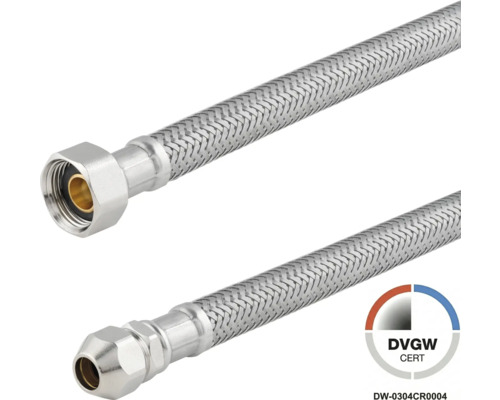 Tuyau de raccordement flexible en tresse d'acier inoxydable avec certification DVGW pour installations d'eau potable.