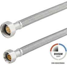 Tuyau de raccordement flexible en tresse d'acier inoxydable pour installations sanitaires avec label de certification DVGW.
