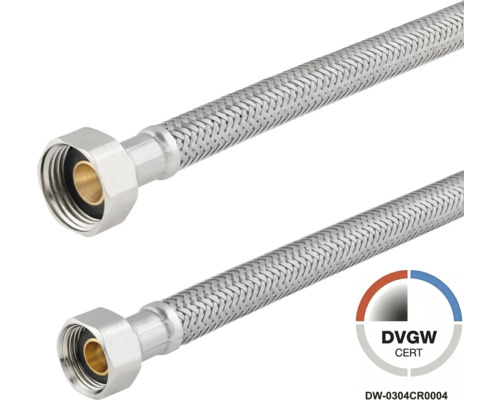 Tuyau de raccordement flexible en tresse d'acier inoxydable pour installations sanitaires avec label de certification DVGW.