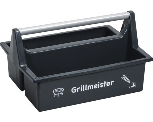 Panier de transport pour accessoires de barbecue avec deux compartiments, symboles de grill et de pince, inscription Grillmeister et allit Logo.