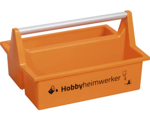 Porte-outils orange en plastique avec poignée en aluminium et deux compartiments, inscription Hobbyheimwerker.
