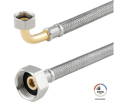 Tuyau flexible blindé en acier inoxydable avec coude à 90 degrés et écrou-raccord, certifié DVGW.
