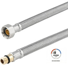 Flexible de raccordement pour robinetterie avec tresse en acier inoxydable, raccords filetés et certification DVGW.