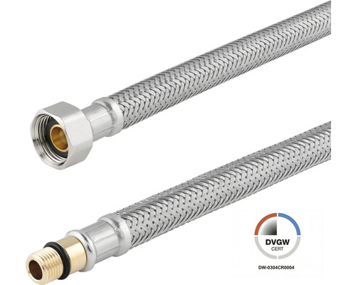 Flexible de raccordement pour robinetterie avec tresse en acier inoxydable, raccords filetés et certification DVGW.