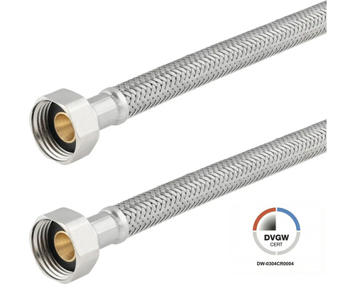Flexible de raccordement avec tressage en acier inoxydable, écrou raccord et joint, certifié DVGW.