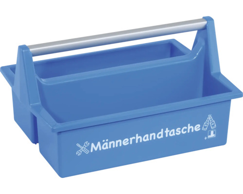 Blaue Werkzeugtrage aus Kunststoff mit Aluminiumgriff und Aufdruck Männerhandtasche. Allit Logo.