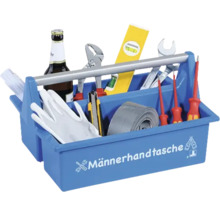 Werkzeugträger aus Kunststoff mit Aufschrift Männerhandtasche, gefüllt mit Werkzeugen wie Wasserwaage, Zangen und einer Bierflasche.