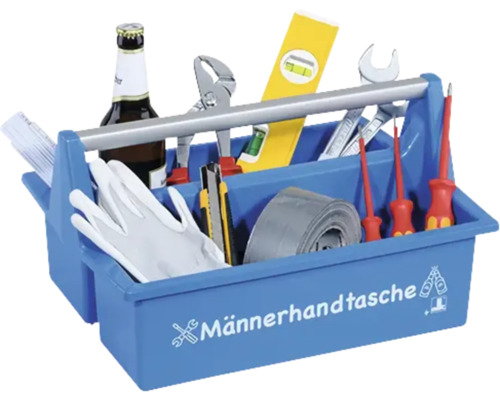Werkzeugträger aus Kunststoff mit Aufschrift Männerhandtasche, gefüllt mit Werkzeugen wie Wasserwaage, Zangen und einer Bierflasche.