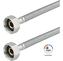 Deux flexibles de raccordement en tresse d'acier inoxydable avec raccord en laiton et certification DVGW.