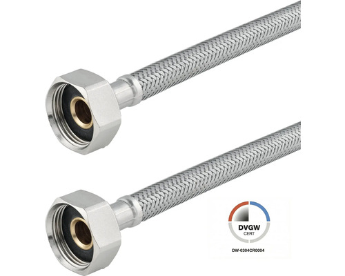 Deux flexibles de raccordement en tresse d'acier inoxydable avec raccord en laiton et certification DVGW.