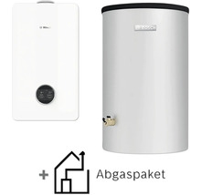 Bosch Gas-Brennwerttherme mit Warmwasserspeicher und Abgaspaket. Weißes Wandgerät mit Display und weißer zylindrischer Speicher.