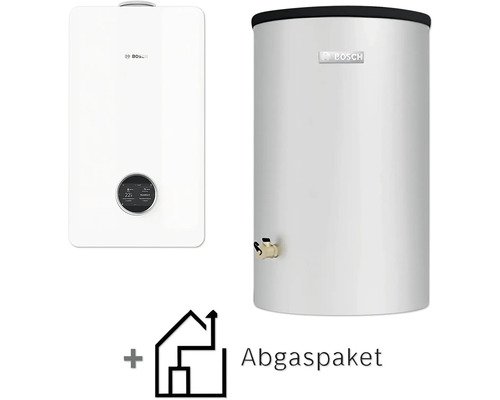 Système de chauffage à condensation au gaz Bosch comprenant une chaudière à condensation, un réservoir d'eau chaude et un kit d'évacuation des fumées.