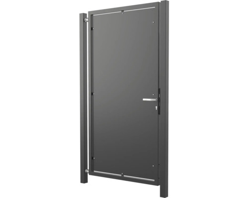 Portail de jardin opaque moderne en métal anthracite avec cadre, poteaux et poignée.