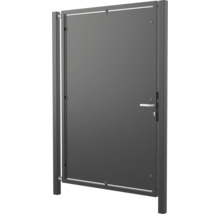 Portillon de jardin moderne en métal avec remplissage plein, poignée et poteaux en anthracite.