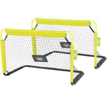 Deux petits buts de football avec cadre jaune fluo, filet noir et EXIT Toys Logo.