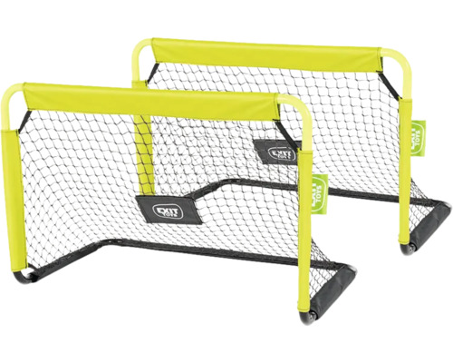 Deux petits buts de football avec cadre jaune fluo, filet noir et EXIT Toys Logo.