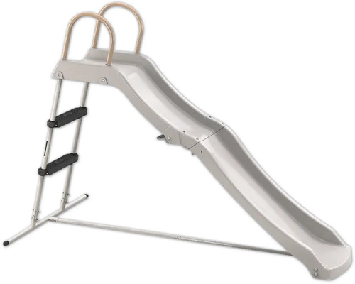 Toboggan pour enfants en plastique gris clair avec échelle et structure métallique.