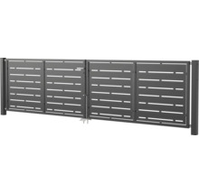 Modernes Doppelflügeltor aus Metall mit horizontalem Schlitzmuster in Anthrazit.