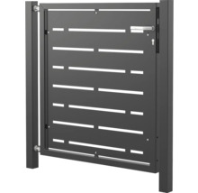 Modernes Gartentor aus Metall mit horizontalen Schlitzen, inklusive Torpfosten, Drückergarnitur und Schloss.