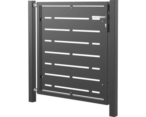 Modernes Gartentor aus Metall mit horizontalen Schlitzen, inklusive Torpfosten, Drückergarnitur und Schloss.
