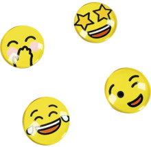 Vier gelbe, runde Emoji-Magnete mit Ausdrücken wie Sternenaugen, errötend mit Hand vor dem Mund, Zwinkern und Lachen mit Tränen.