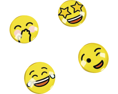 Vier gelbe, runde Emoji-Magnete mit Ausdrücken wie Sternenaugen, errötend mit Hand vor dem Mund, Zwinkern und Lachen mit Tränen.