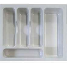 Range-couverts blanc en plastique avec cinq compartiments pour tiroirs.